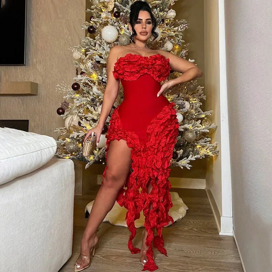 Sleeveless Floral Ruffled Tube Top Hanging Tassel Design Irregular Dress