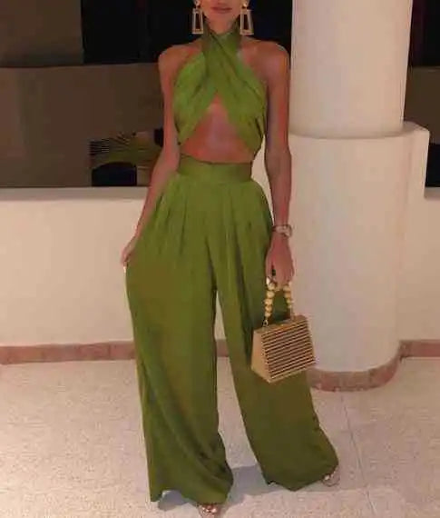 Bandage Slash Neck Bowtie Detail Strapless Crop Top + Wide Leg Pants Matching 2-Piece Set