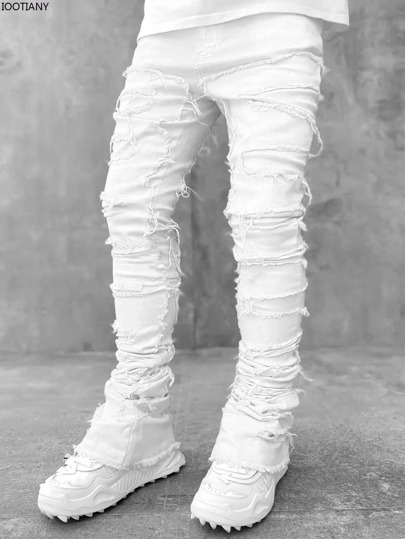 Men's Denim Fringe Ripped Hip-Hop Stretch Stacked Elastic Waist Straight Patchwork Jeans