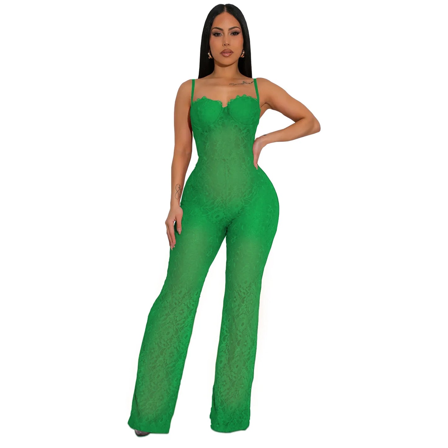 Lace Sexy Sheer Mesh Sleeveless Spaghetti Strap Solid Color Formal Jumpsuit