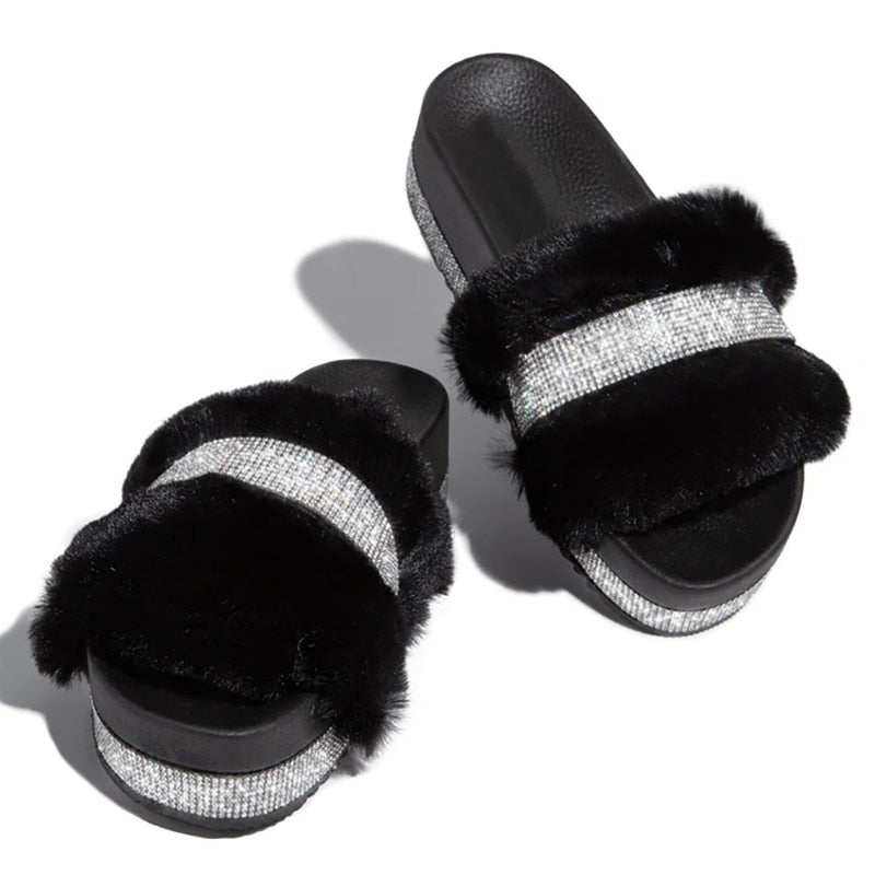 Furry Rhinestone Platform Slipper Slides