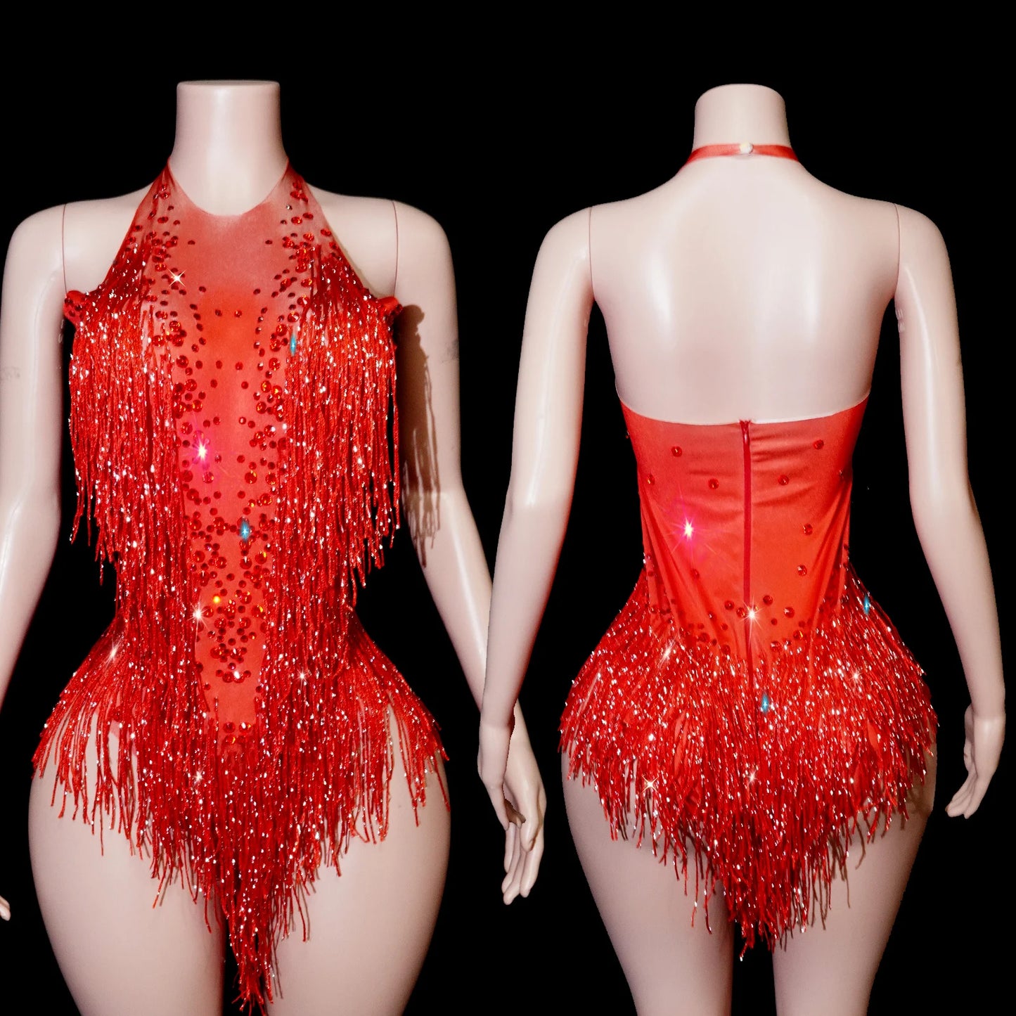 Tassel Fringe Design Sleeveless Zipper Back Sparkling Rhinestone Women's Formal Stage Dance Bodysuit