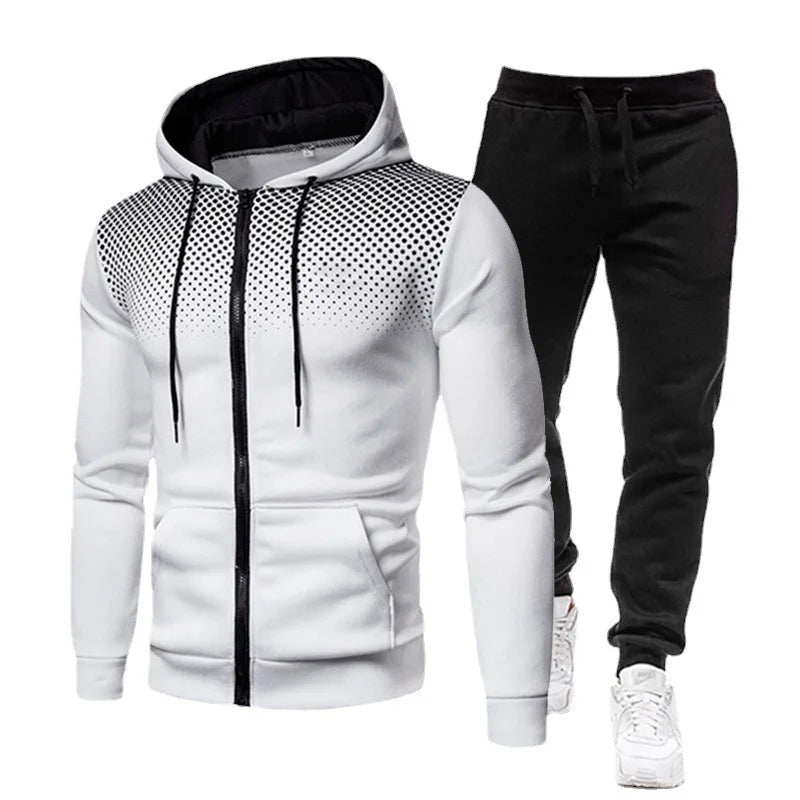 Men's Polka Dot Print Fleece Zipper Hoodie Sweatshirt + Solid Color Jogger Sweatpants Tracksuit
