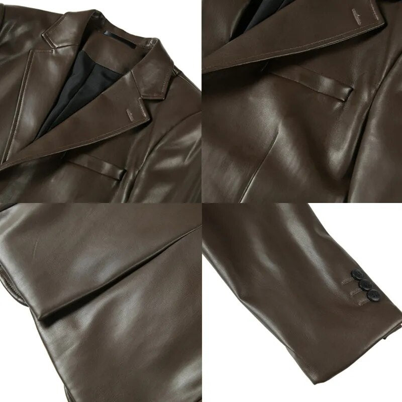 Men's Leather Single Breasted Slim Fit  Leather Blazer Jacket