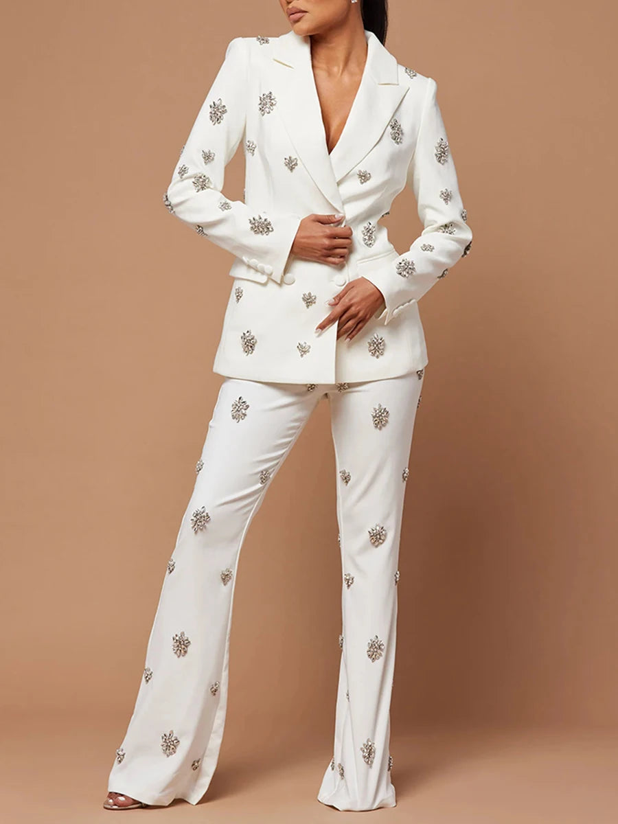 Patchwork Diamond Notched Collar Long Sleeve Blazer + High Waist Flared Pants Women's Formal Suit