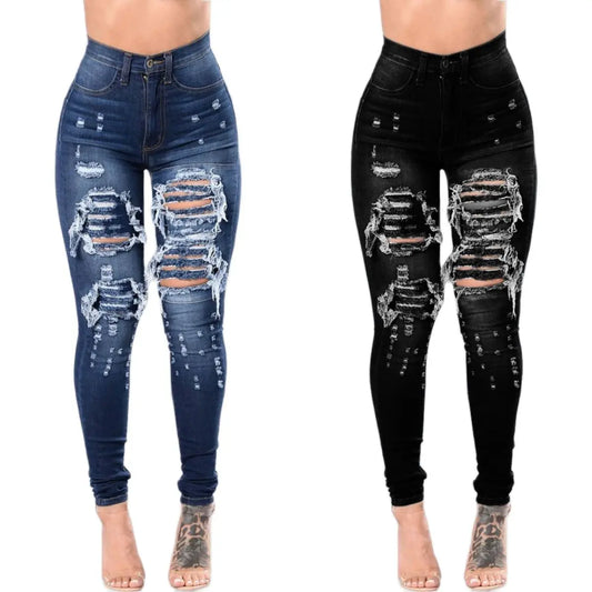 Ripped Hollow-Out Denim High Waist Stretch Skinny Pencil Women's Jeans