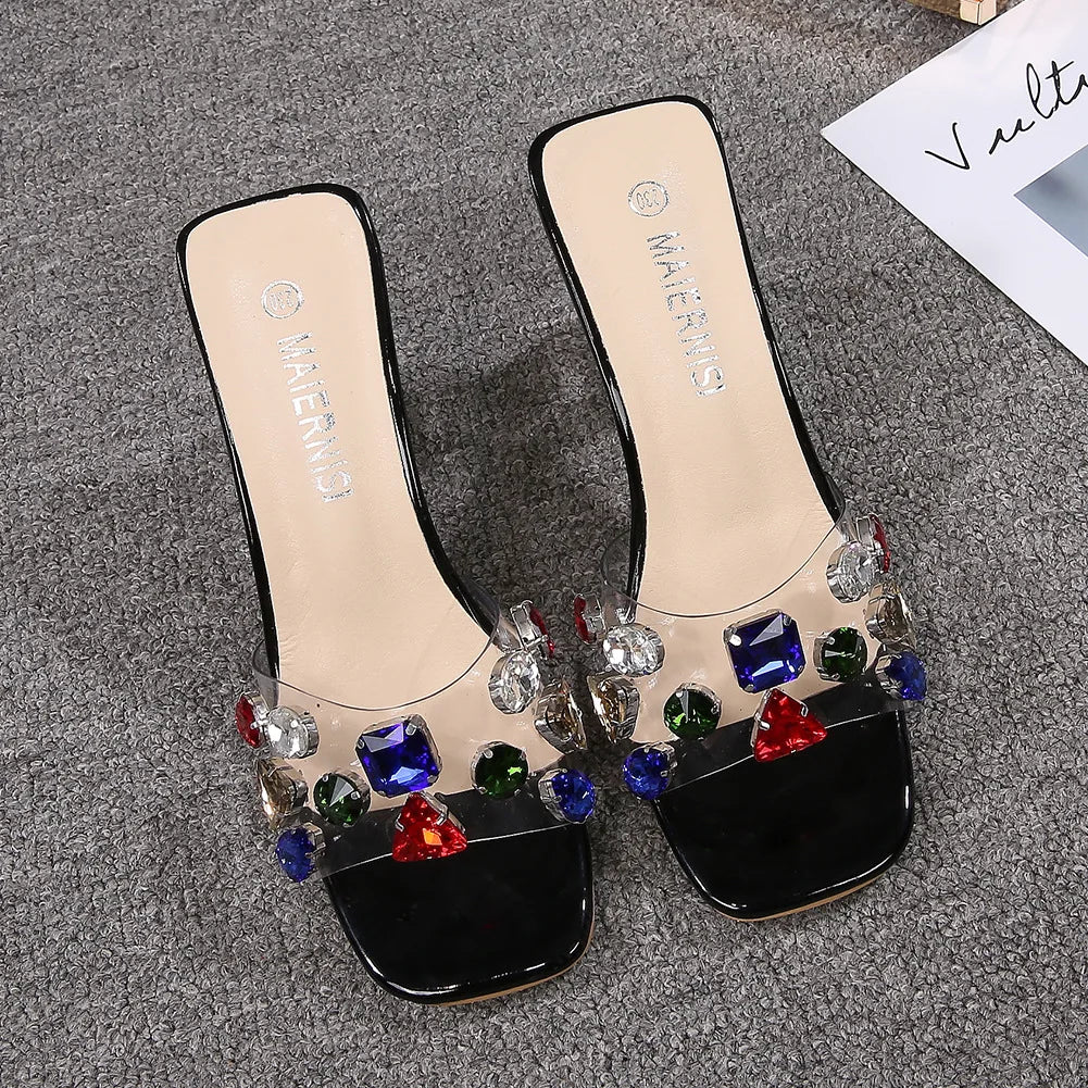 PVC Transparent Clear Crystal Rainbow Rhinestone Embellished Open Toe Low Heel Women's Sandals