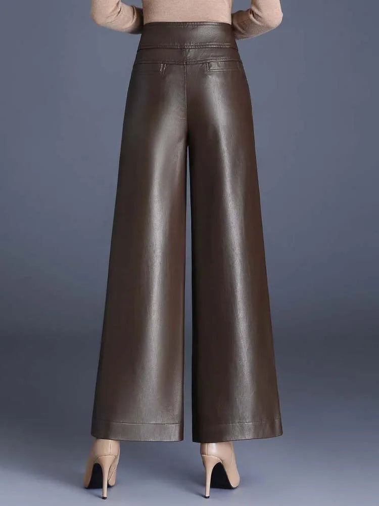 Designer Women's PU Leather Solid Color Wide Leg Pants
