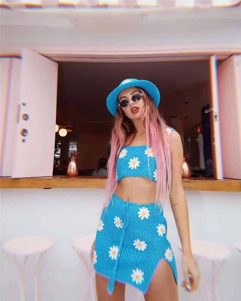 Crochet Big Flower Pattern Knitted Women's Sweater Tank Top + Drawstring Mini Skirt 2-Piece Set
