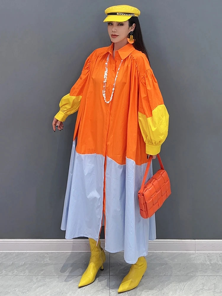 Colorblock Oversized Contrast Colored Long Lantern Sleeve Maxi Shirt Dress ONE SIZE