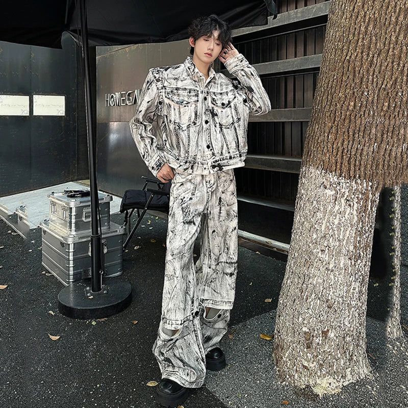 Men's White/Black Tie-Dye Print High Street Denim Pocket Design Jean Jacket + Wide Leg Cargo Jeans 2-Piece Set