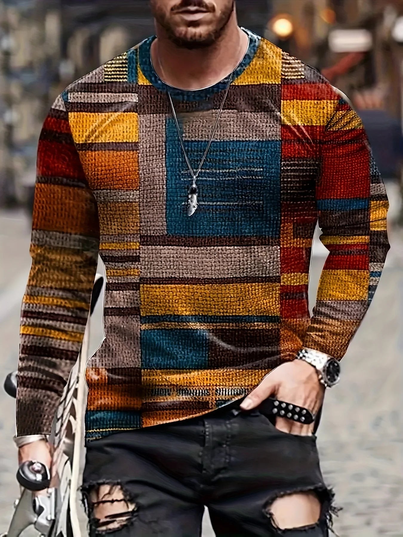 Men's Irregular Colorblock Plaid Pattern O-Neck Long Sleeve Pullover T-Shirts
