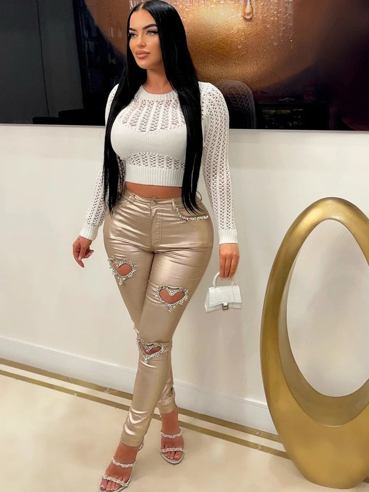 Rhinestone Metallic PU Leather Heart Cut-Out Design High Waist Women's Bodycon Pants