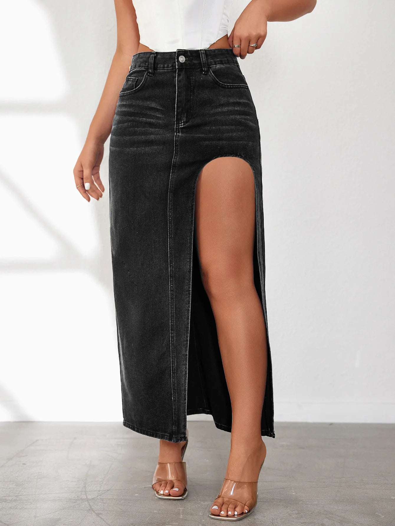 Denim High Slit Low Waist Distressed Bodycon Wrapped Long Jean Maxi Streetwear Skirt