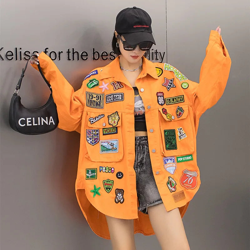 Denim Patch Design Turn-Down Collar Hip-Hop Embroidered Women's Streetwear Button-Up Jean Jacket
