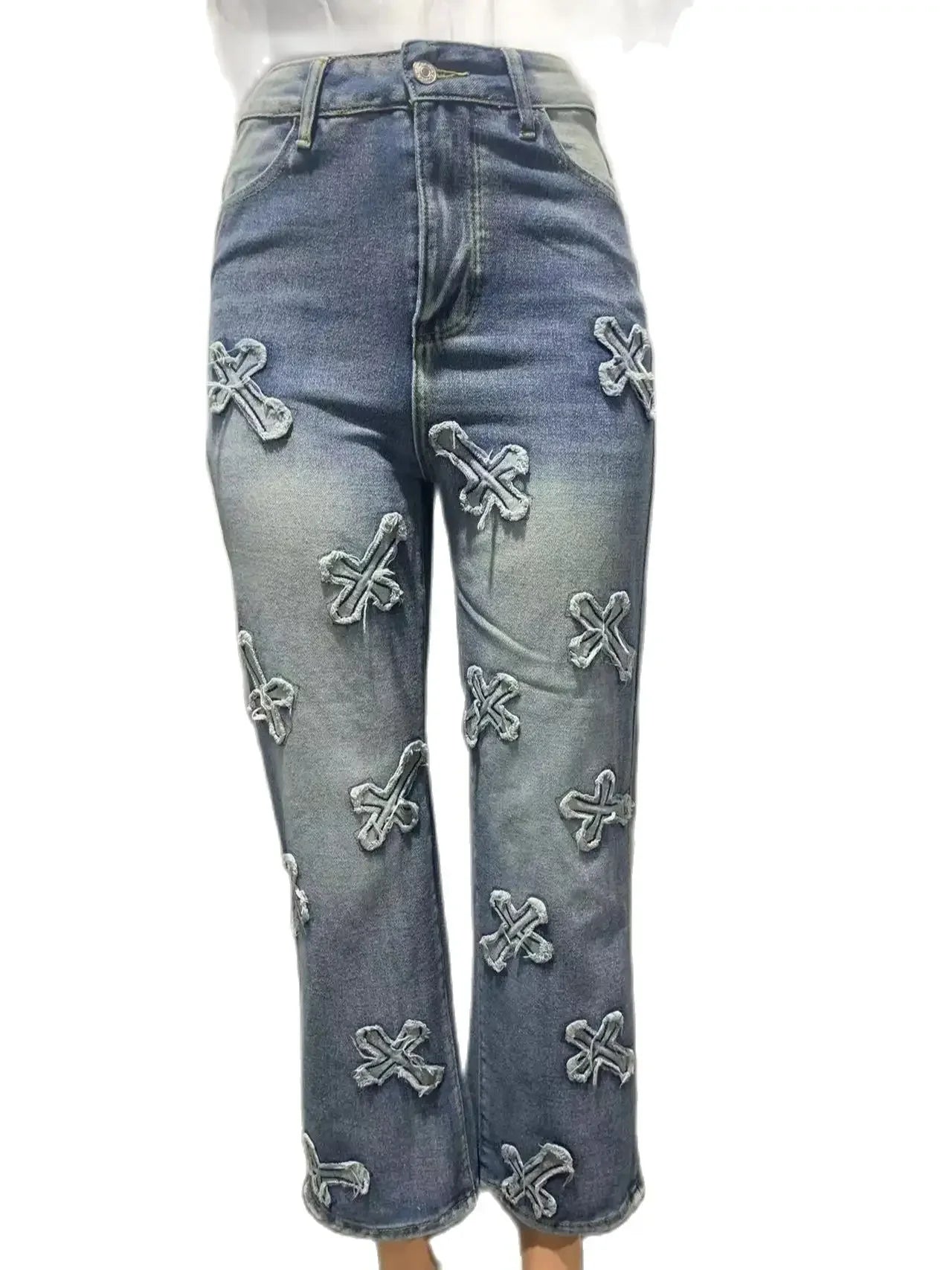 Light Washed Denim ✝️ Cross Embroidered High Waist Women's Cargo Streetwear Jeans