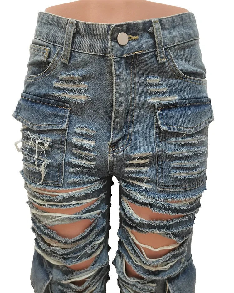 Denim Ripped Tassel Hollow-Out Cargo Straight Wide Leg Ladies Jeans