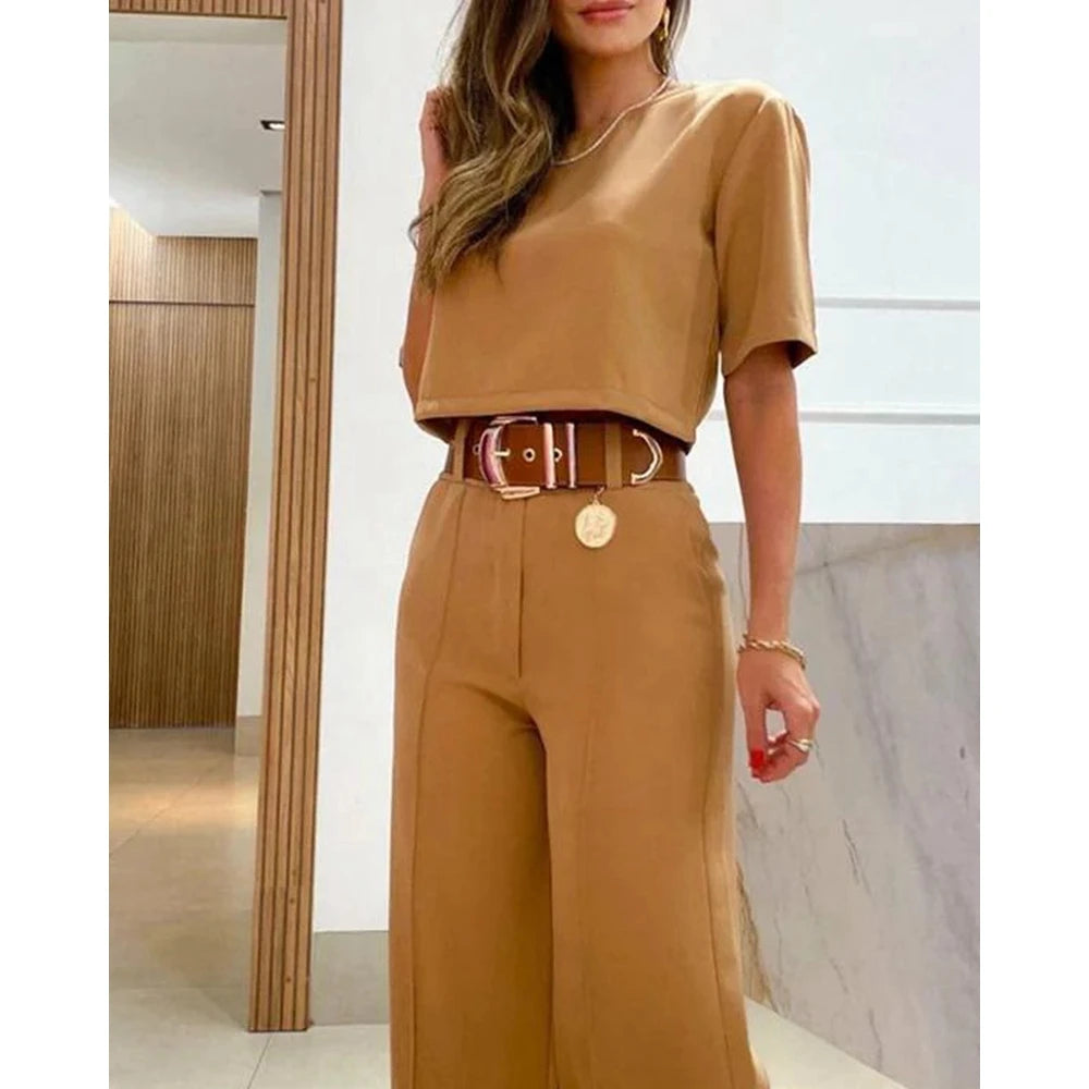 Solid Half Sleeve Crop Blouse & Wide Leg Pants 2-Piece Set