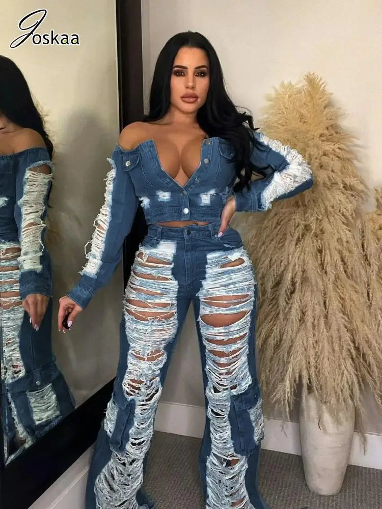 Solid Ripped Women's Hipster Hollow-Out High Waist Straight Denim Jeans