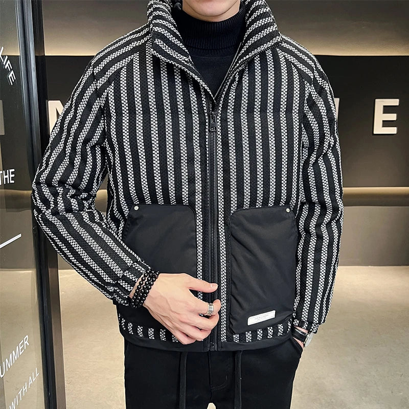 Men's Striped Colorblock Pocket Zipper Down Feather Jacket