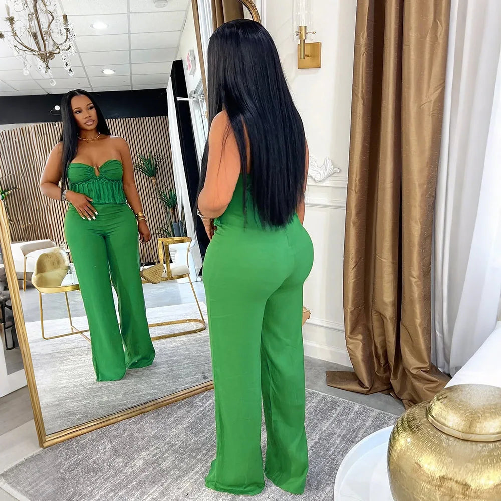 Tassel Fringe Design Strapless Sleeveless Tube Top Solid Color Women's Jumpsuit