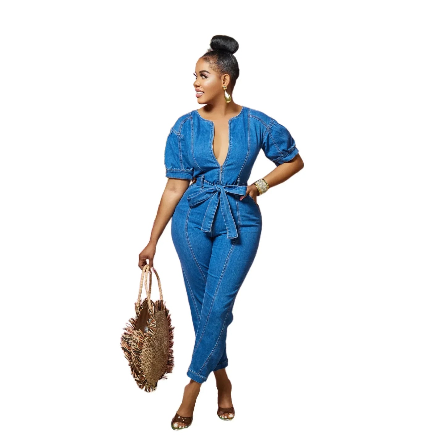 Blue Denim V-Neck Short Sleeve Solid Color Elastic Waist Pocketed Sash Belted Jumpsuit