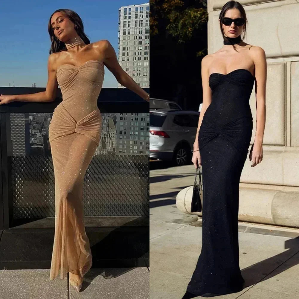 Sequin Criss-Cross Ruched Waist Sheer Transparent Strapless Skinny Tube Maxi Dress