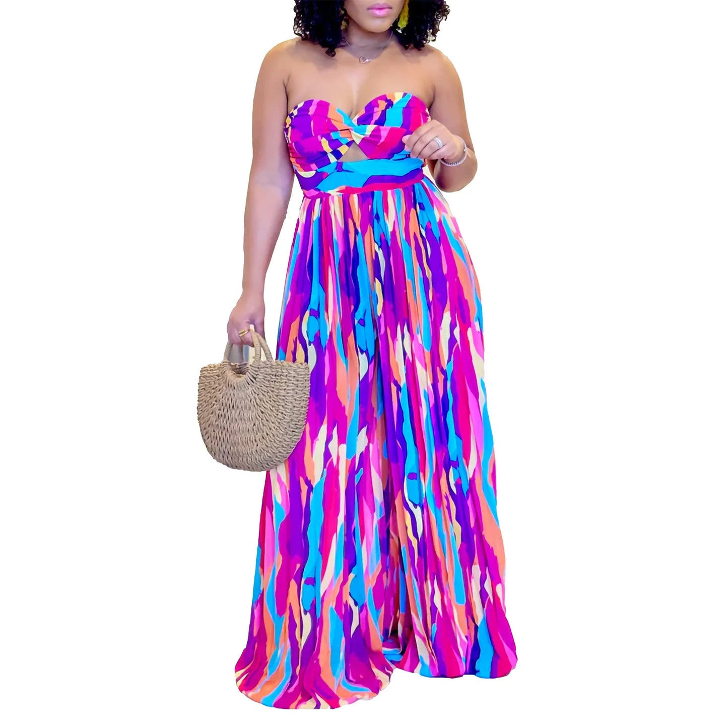 Geometric Mutli-Color Strapless Backless Women's Pleated Wide Leg Tube Jumpsuit to 3X Plus Size