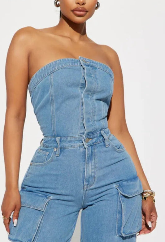 Sleeveless Button Front Strapless Pocket Side Cargo Denim Jean Jumpsuit