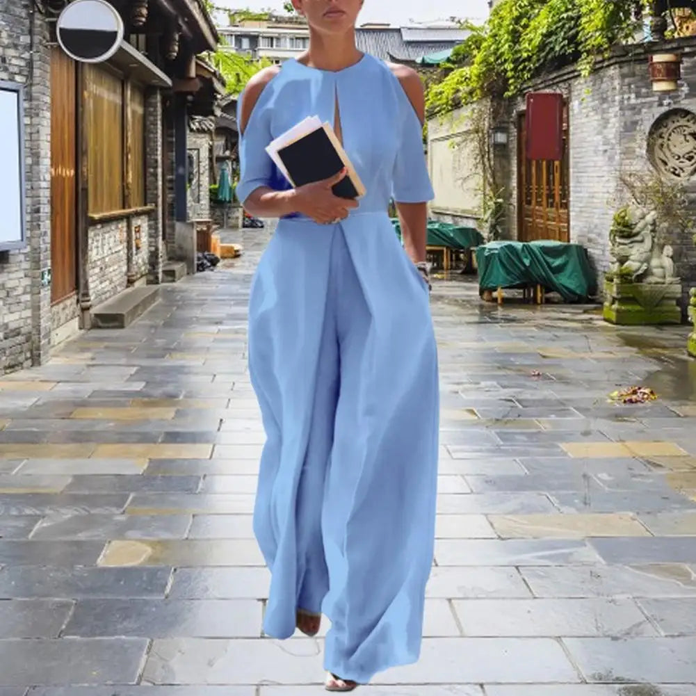 Open Slit Cold Shoulder Layered 1/2 Sleeve Hollow-Out Solid Color Women's Wide Leg Formal Party Jumpsuit
