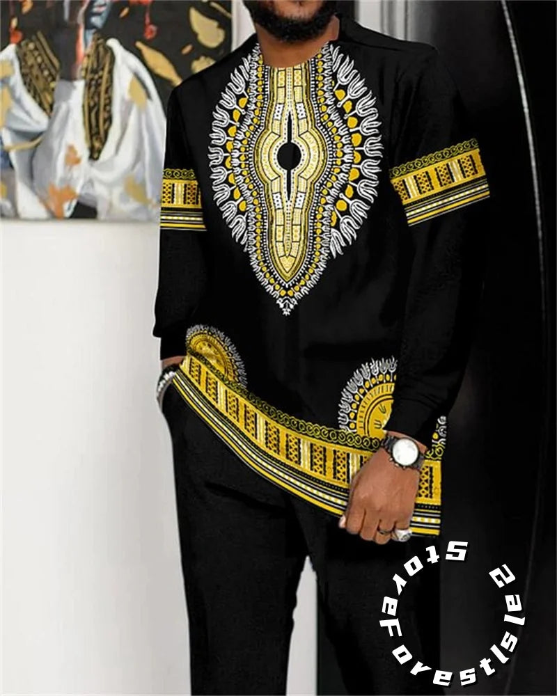 Men's O-Neck Colorblock Striped/African Print Long Sleeve Dress Shirt + Pants 2-Piece Suit to 4X Big & Tall