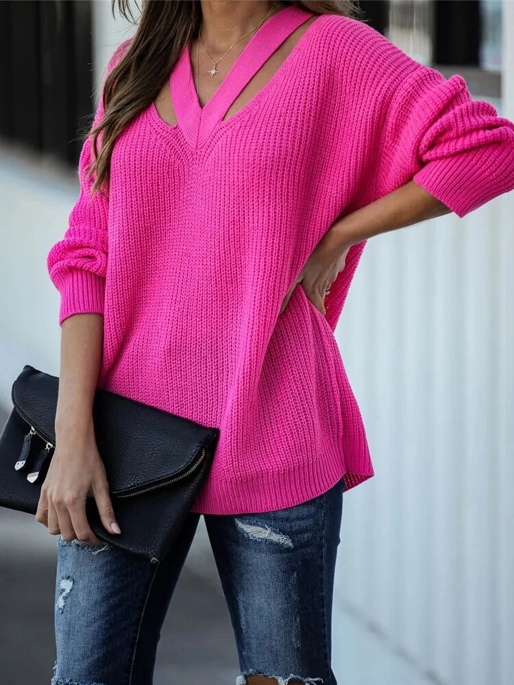 Pullover V-Neck Oversize Long Sleeve Solid Sweaters