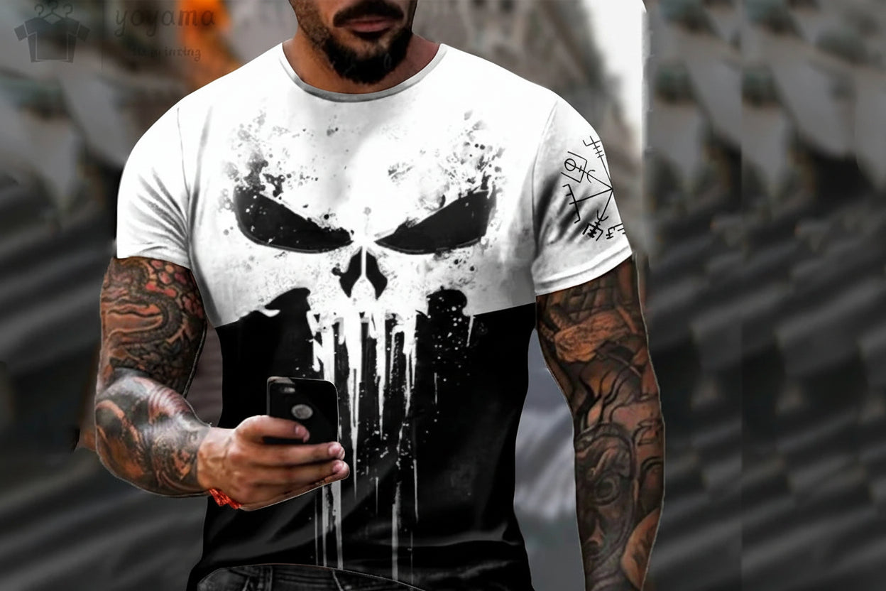 Men's 3D Hip-Hop Dripping Skull Print O-Neck Short Sleeve T-Shirt to 5X Big & Tall