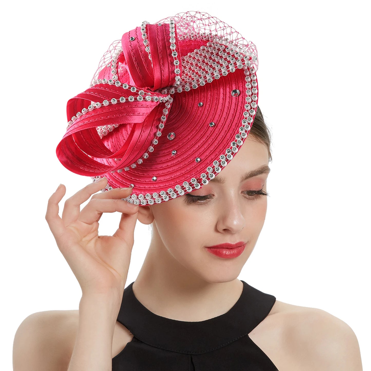 Satin Rhinestone Big Bow Detail Slanted Women's Church/Bridal/Derby Fedora Hat