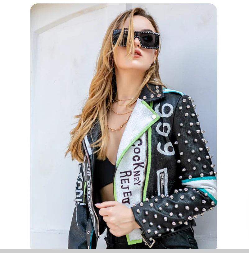 Rivet Stud Clown Print Hip-Hop Design PU Leather Women's Streetwear Biker Jacket to 3X Plus Size
