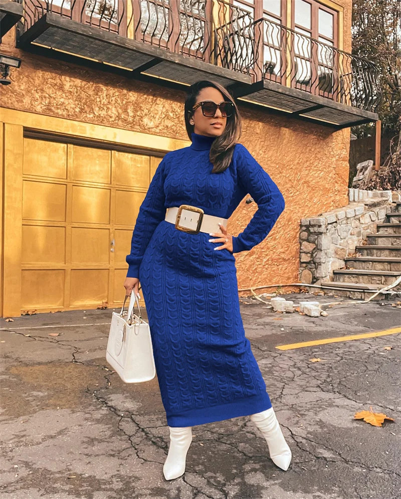 Turtleneck Knitted Weave Pattern Ribbed Sweater Long Sleeve Maxi Dress w/ Belt