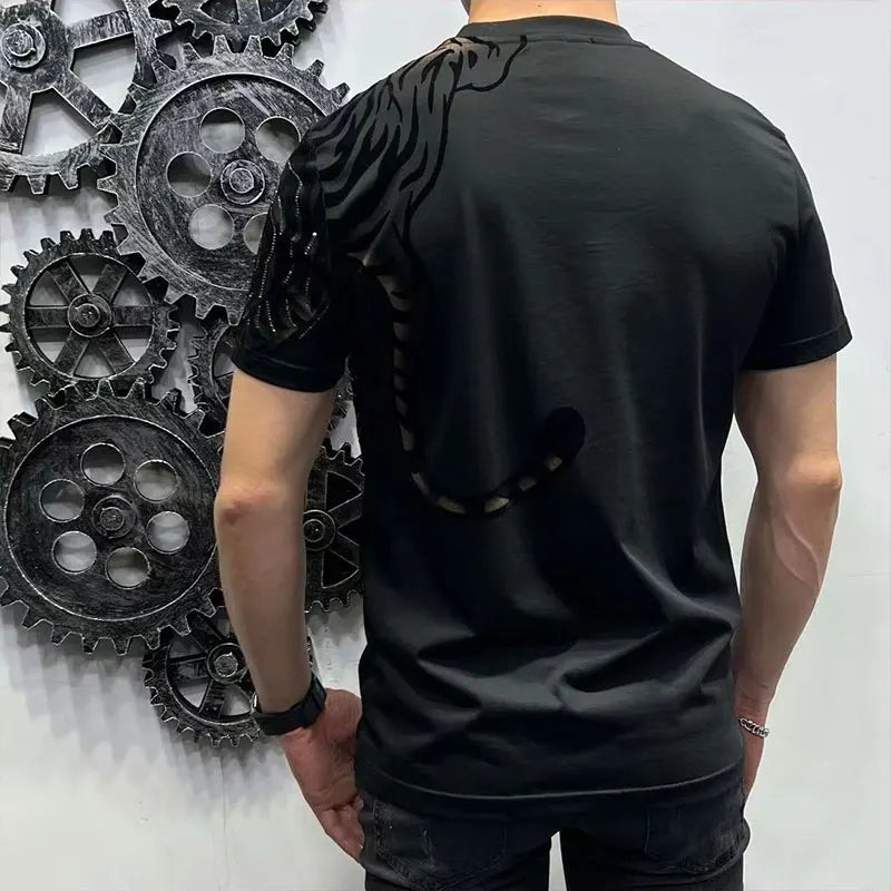 Men's Sequined 3D Tiger Loose Print O-Neck Short Sleeve T-Shirt