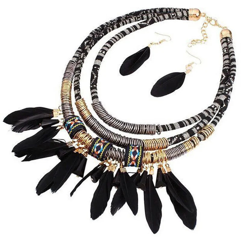 Vintage Native American Feather Choker Multilayer Necklace w/ Hook Earrings 2-Piece Jewelry Sets