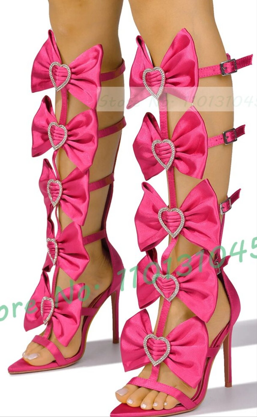 Heart Crystal Bow Strap High Heel Satin Open Toe Sandals