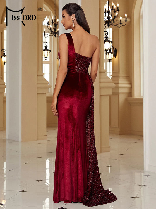 Wine Sequin Velvet One Shoulder Draped Split Wedding/Prom/ Bridesmaid Gown Formal Dress