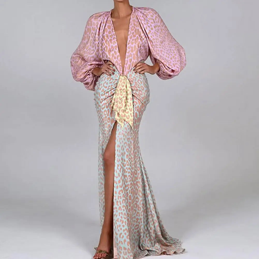 Tropical Floral/Pink Leopard Long Sleeve Deep V-Neck High Split Maxi Dress