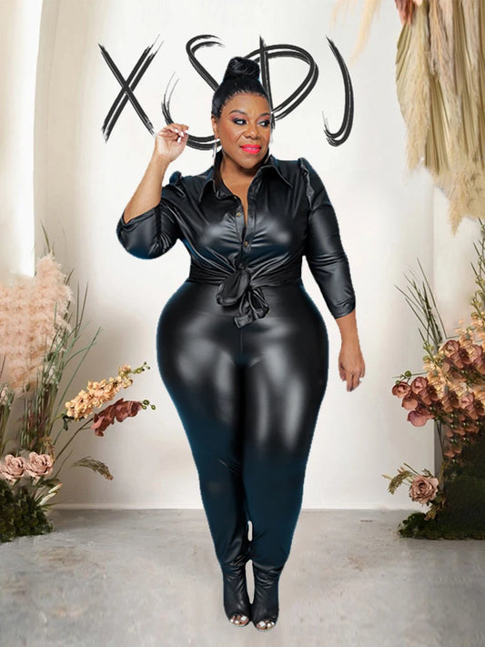 Faux Leather Solid Color Button Front Long Sleeve Turn-Down Collar Blouse + Solid Leggings 2-Piece Set to 5X Plus Size