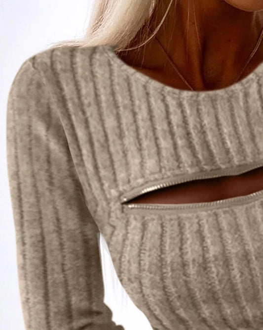 Ribbed Knitted Hollow-Out Solid Color Round Neck Zipper Women's Top