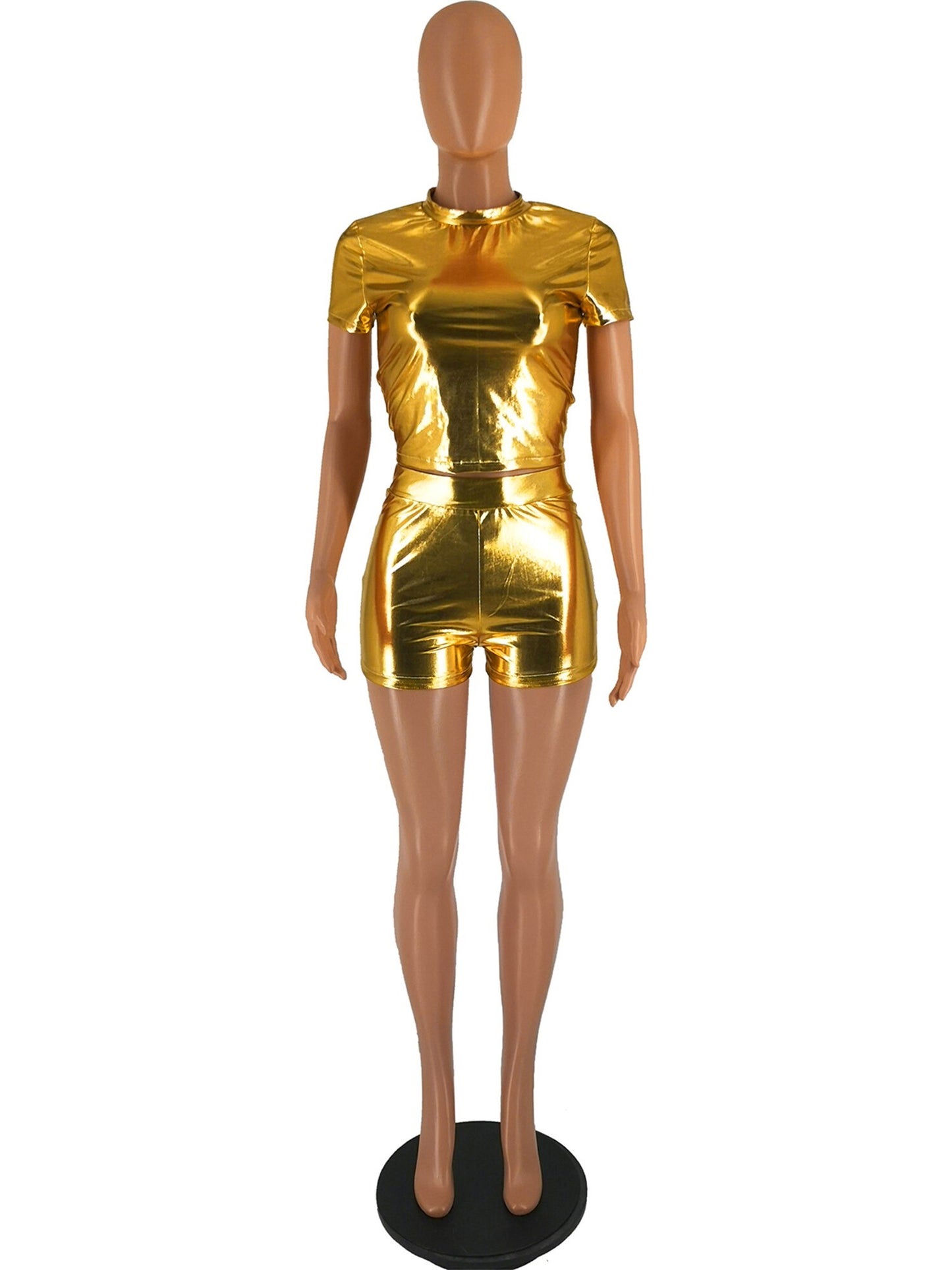 Metallic Shiny Short Sleeve Crop Top w/ High Waist Shorts Set