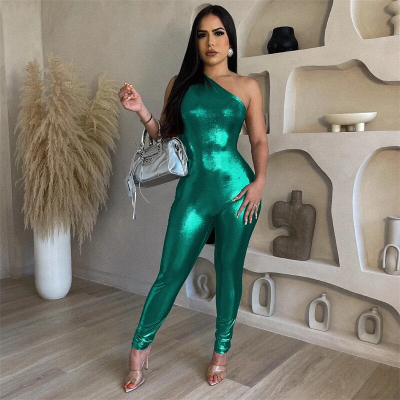 Metallic Solid Asymmetrical One Shoulder Sleeveless Skinny Jumpsuit