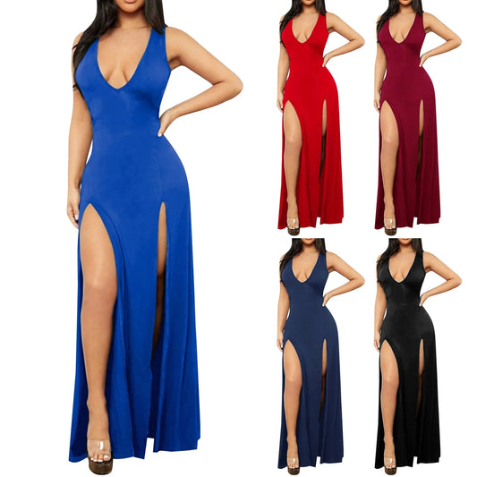 Double High Slit Deep V-Neck Solid Bodycon Skinny Maxi Dress