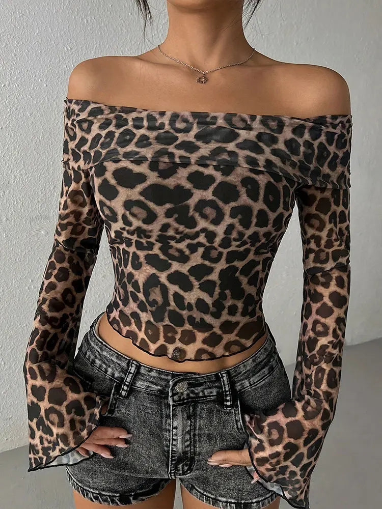 Leopard Print Off-the-Shoulder Streetwear Long Sleeve O-Neck Women's Shirt