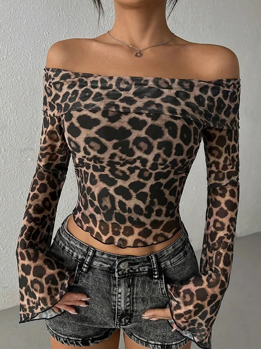 Leopard Print Off-the-Shoulder Streetwear Long Sleeve O-Neck Women's Shirt