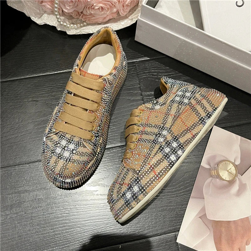 Rhinestone Plaid Monogram/Solid Print Sparkling Glitter Women's Outdoor Platform Lowtop Ankle Sneakers-2 Styles, 3 Colors