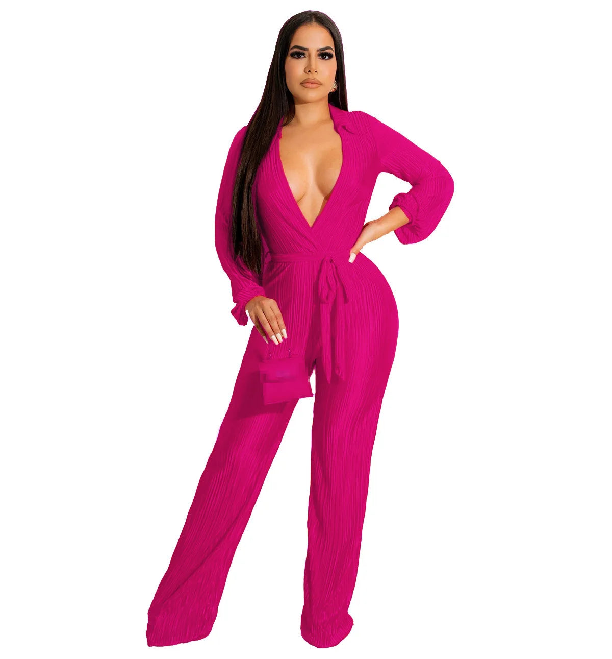 Deep V-Neck Sash Belt Jumpsuit